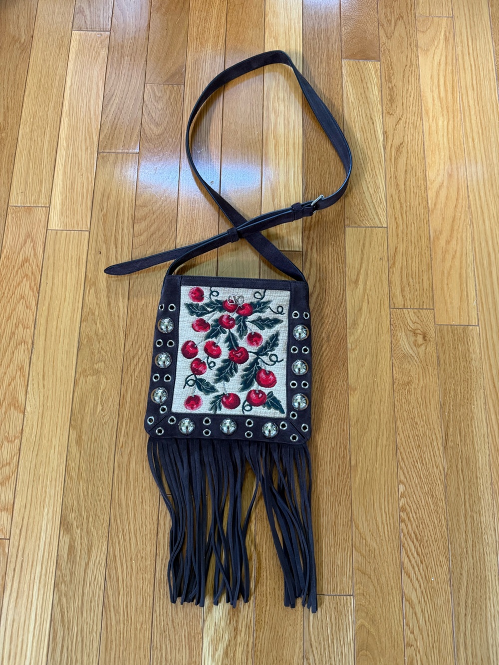 Valentino Garavani Red Cherry Embroidered Fringe Shoulder Bag - Picture 5 of 8